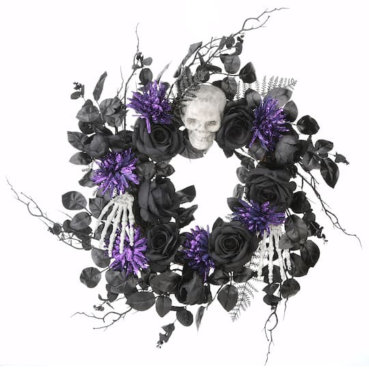 24" Halloween Skull & Purple Flowers Wreath